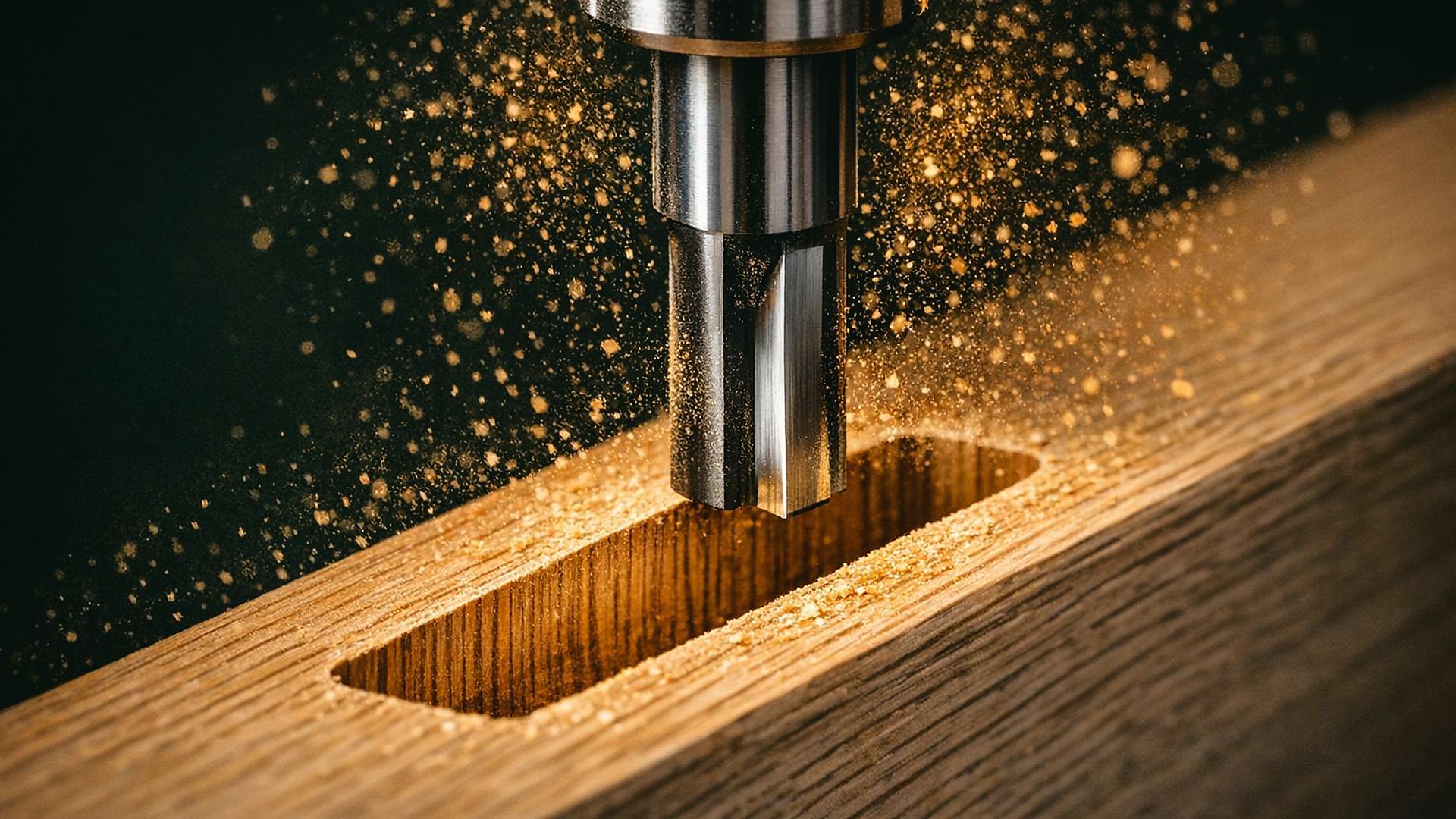 Ilustración del mecanizado CNC de un cajeado para bisagra de pernio en el canto de una puerta de roble — servicio de Puertas Jesús Martínez, Alcantarilla (Murcia), con centro BIESSE Rover AS 1532 de 5 ejes