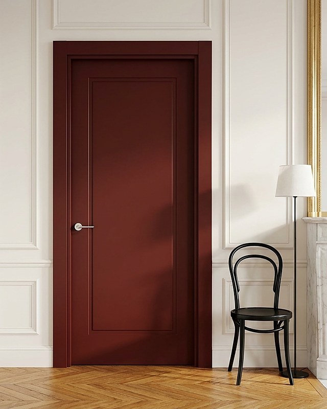 Puerta lacada en burdeos, clásica de un plafón con moldura, en salón con boiserie blanca y parqué en espiga. Imagen ilustrativa.