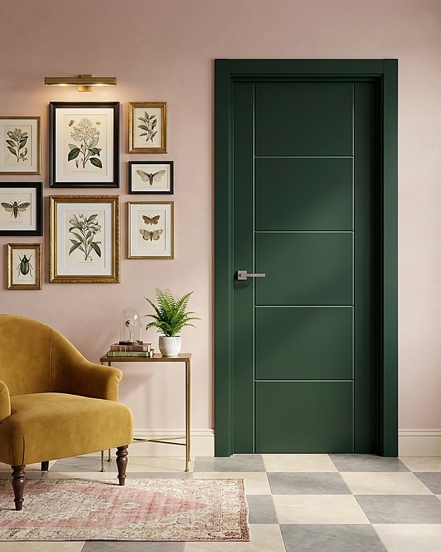 Puerta lacada en verde botella con cuatro ranuras horizontales y manilla cromada, pared rosa empolvado con láminas botánicas. Imagen ilustrativa.