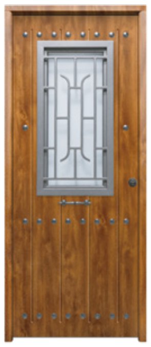 THT Saga 100 Cristal modelo 1150 CL-CR Reja, puerta metálica acabado madera con clavos, cristal y reja