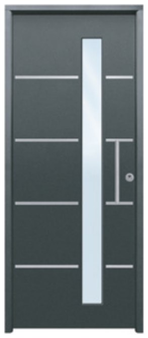 THT Saga 100 Cristal modelo Cintia FM-CRL, puerta metálica gris con grecas inox y cristal vertical