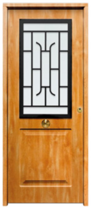 THT Saga 100 Cristal modelo Clásica-CR Reja, puerta metálica acabado madera con cristal y reja