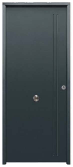 THT Saga 100 modelo 1130L, puerta metálica gris con fresado vertical lateral