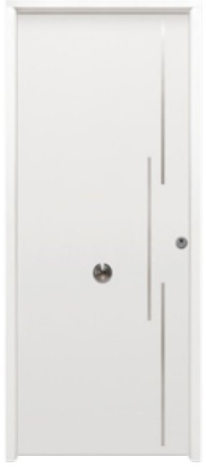 THT Saga 100 modelo Acacia-FM, puerta metálica blanca con grecas inox verticales