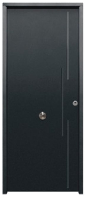 THT Saga 100 modelo Acacia, puerta metálica gris con fresados verticales