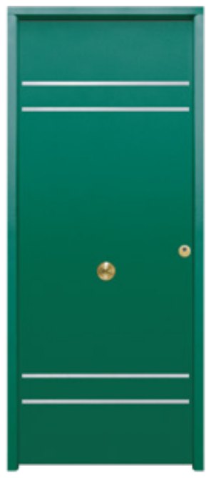 THT Saga 100 modelo Azalea-FM, puerta metálica verde con grecas inox horizontales