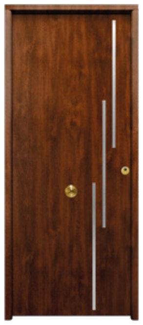 THT Saga 100 modelo Camelia-FM, puerta metálica roble viejo con grecas inox verticales
