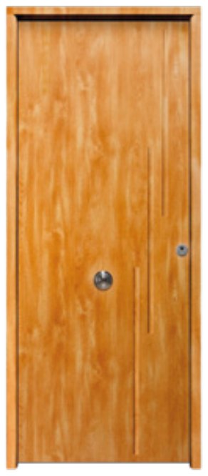 THT Saga 100 modelo Camelia, puerta metálica acabado madera con fresado vertical