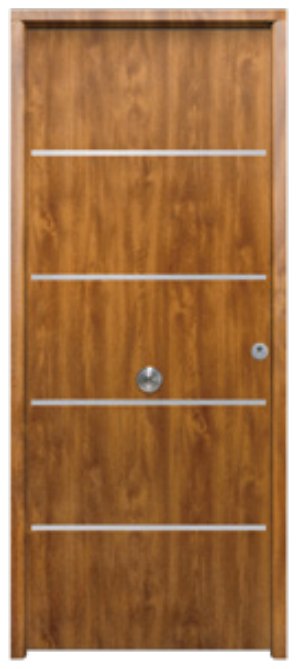 THT Saga 100 modelo Cintia-FM, puerta metálica acabado madera con grecas inox horizontales