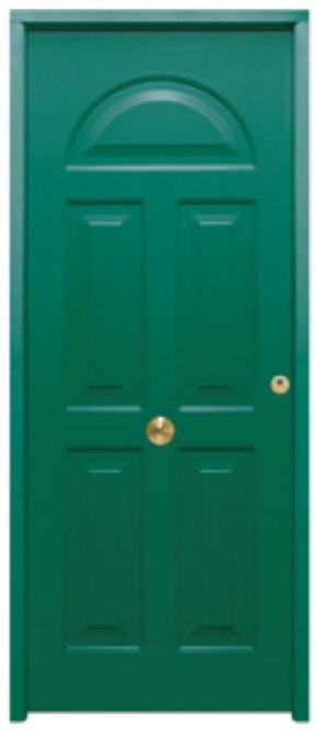 THT Saga 100 modelo Coral, puerta metálica verde con cuarterones y arco