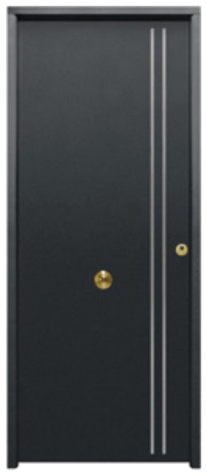 THT Saga 100 modelo Iris-FM, puerta metálica gris con tres grecas inox verticales
