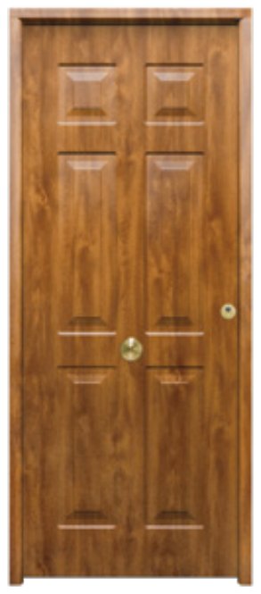 THT Saga 100 modelo Yedra, puerta metálica de cuarterones acabado madera