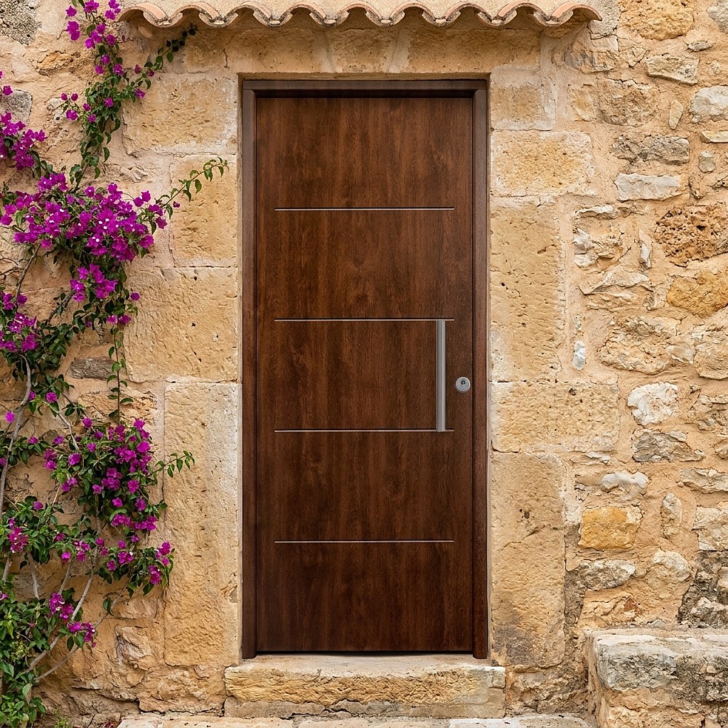 Puerta metálica de seguridad con acabado lacado roble viejo en fachada rústica de piedra (imagen ilustrativa)