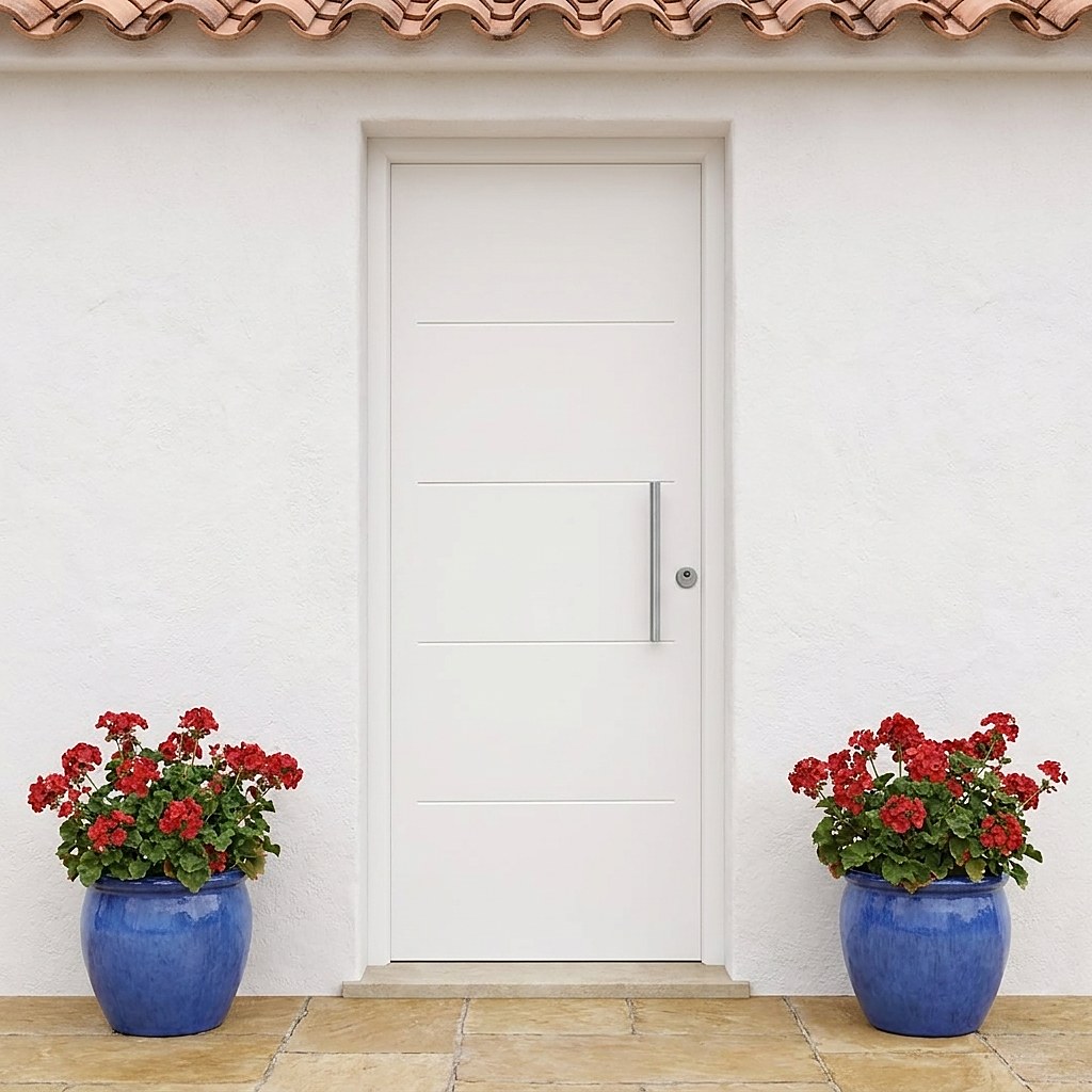 Puerta metálica de seguridad blanca en casa mediterránea encalada con geranios (imagen ilustrativa)