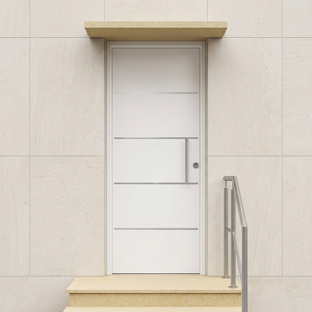 Puerta metálica de seguridad en blanco RAL 9003 sobre fachada de piedra clara con escalera (imagen ilustrativa)