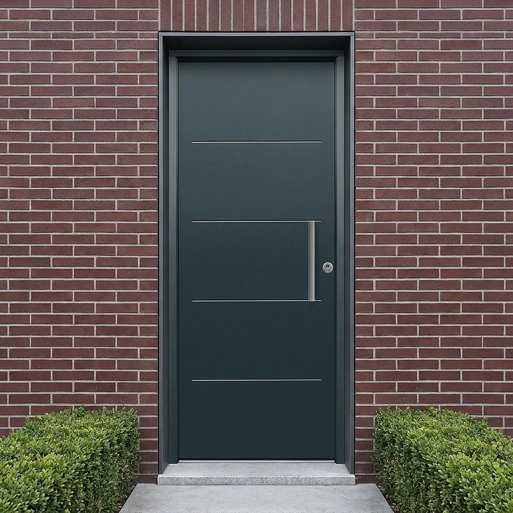 Puerta metálica de seguridad gris antracita RAL 7016 con ranuras en fachada de ladrillo visto (imagen ilustrativa)