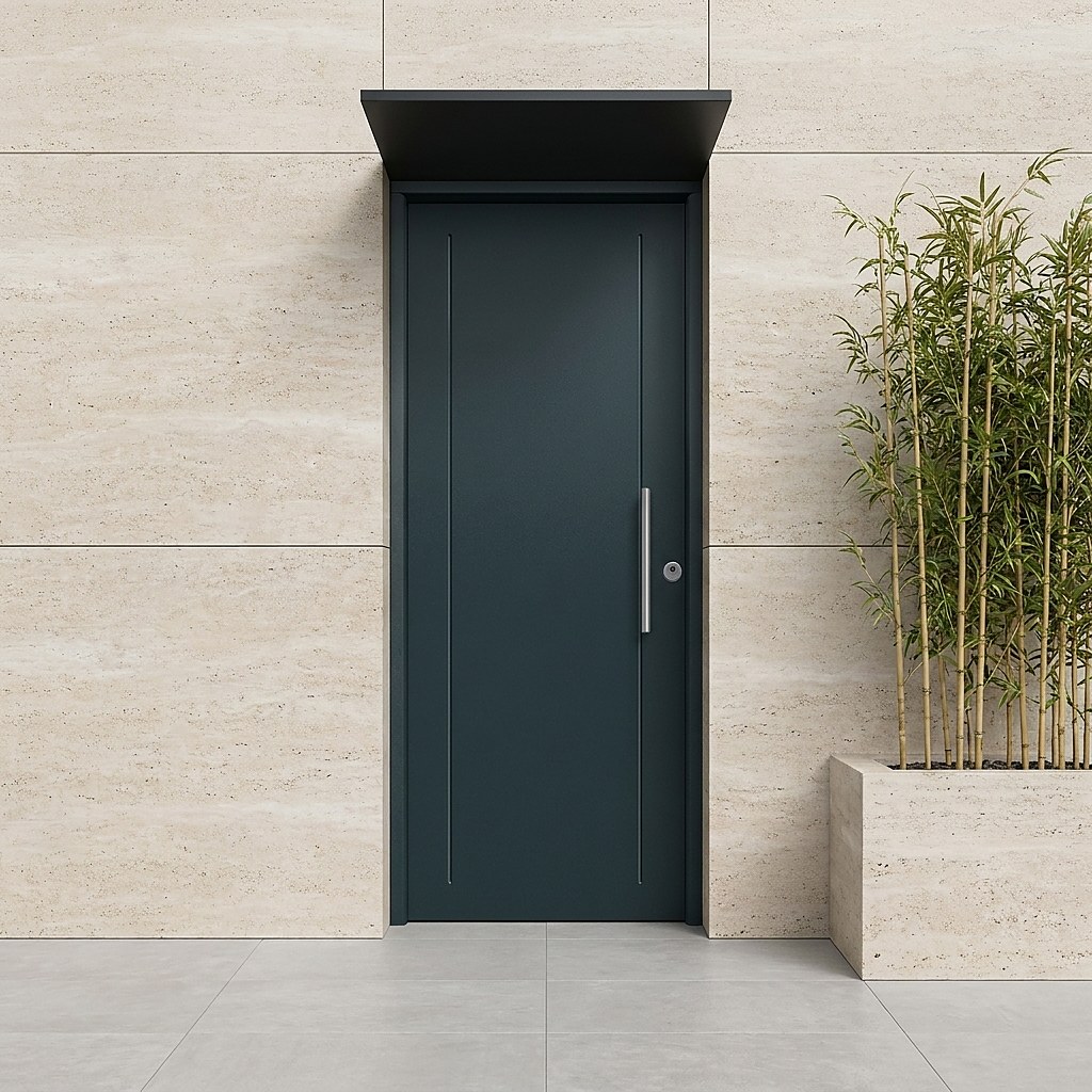 Puerta metálica de seguridad gris antracita RAL 7016 sobre fachada de travertino con jardinera (imagen ilustrativa)
