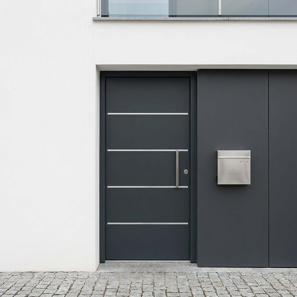 Puerta metálica de seguridad gris antracita RAL 7016 con buzón de acero en vivienda moderna (imagen ilustrativa)