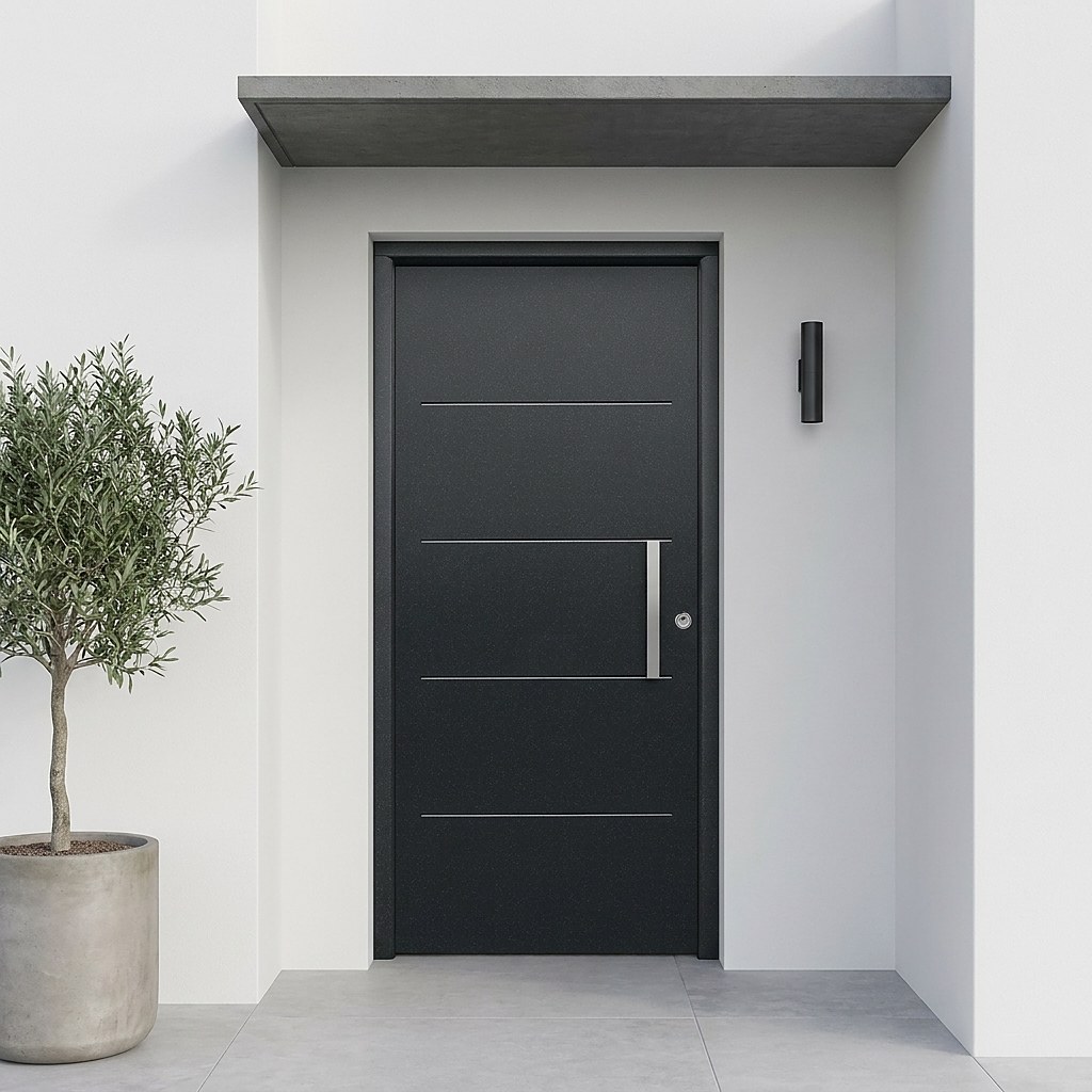 Puerta metálica de seguridad gris oxidon con tirador inox en entrada moderna con olivo (imagen ilustrativa)