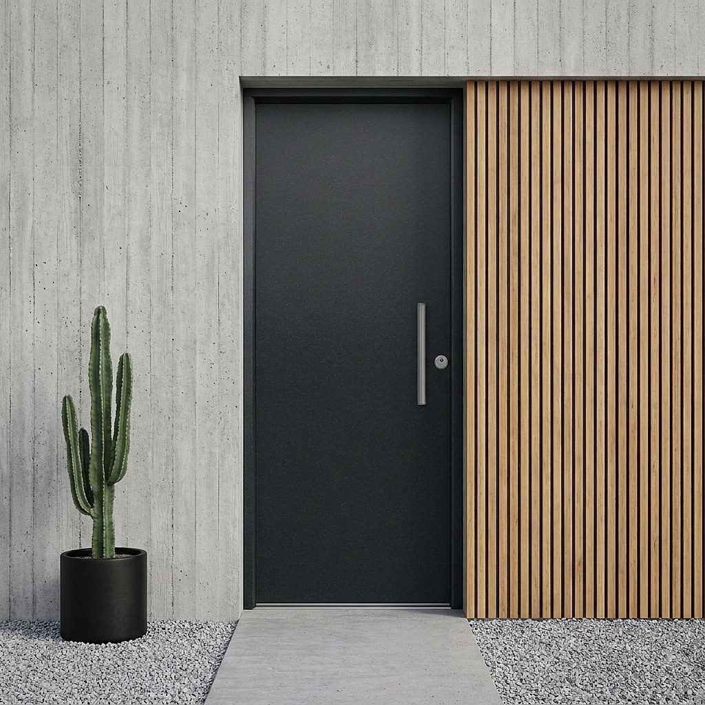 Puerta metálica de seguridad lisa en gris oxidon entre hormigón visto y listones de madera (imagen ilustrativa)