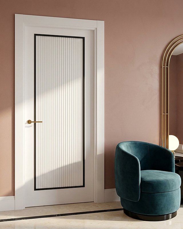 Puerta lacada blanca con decoración interior de tablillas verticales enmarcada en negro, manilla dorada, pared rosa empolvado. Imagen ilustrativa.