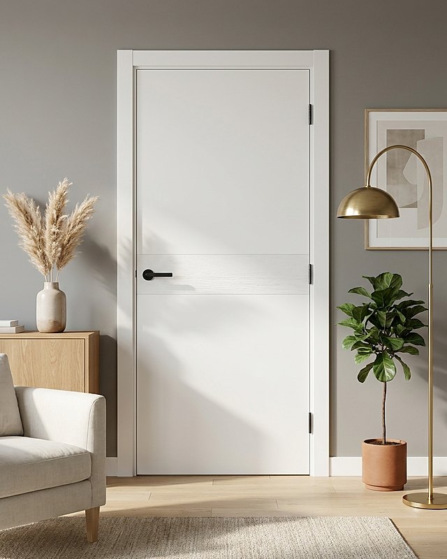 Puerta lacada blanca lisa con franja horizontal a poro abierto y manilla negra, salón gris claro con lámpara dorada. Imagen ilustrativa.
