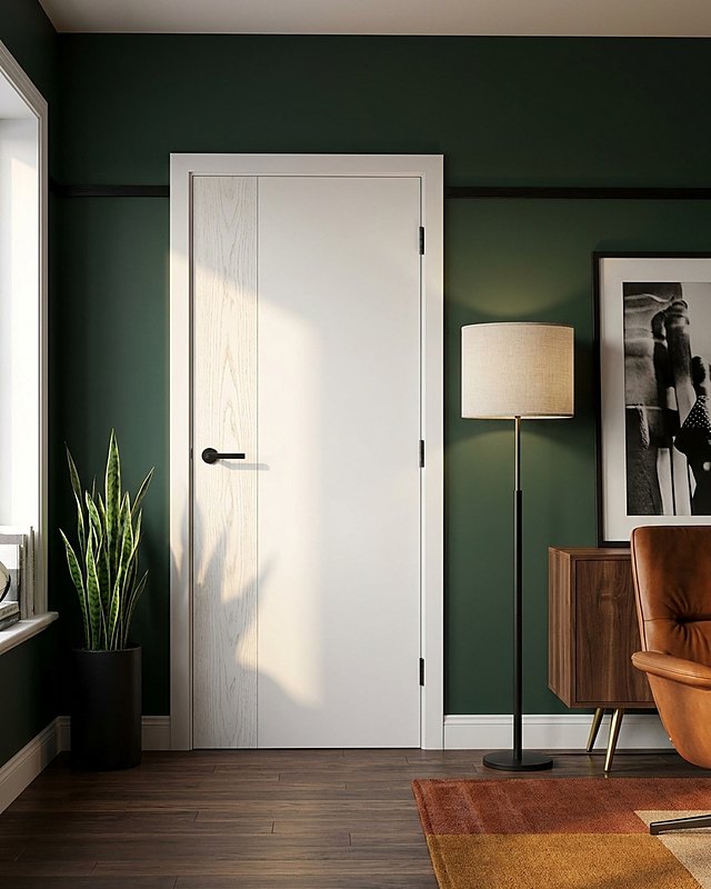 Puerta lacada blanca lisa con franja vertical a poro abierto en madera blanca y manilla negra, pared verde botella. Imagen ilustrativa.