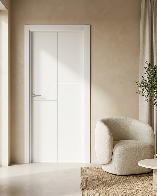 Puerta lacada blanca lisa con fresado geométrico en L y manilla de acero, salón en tonos beige con sillón bouclé. Imagen ilustrativa.