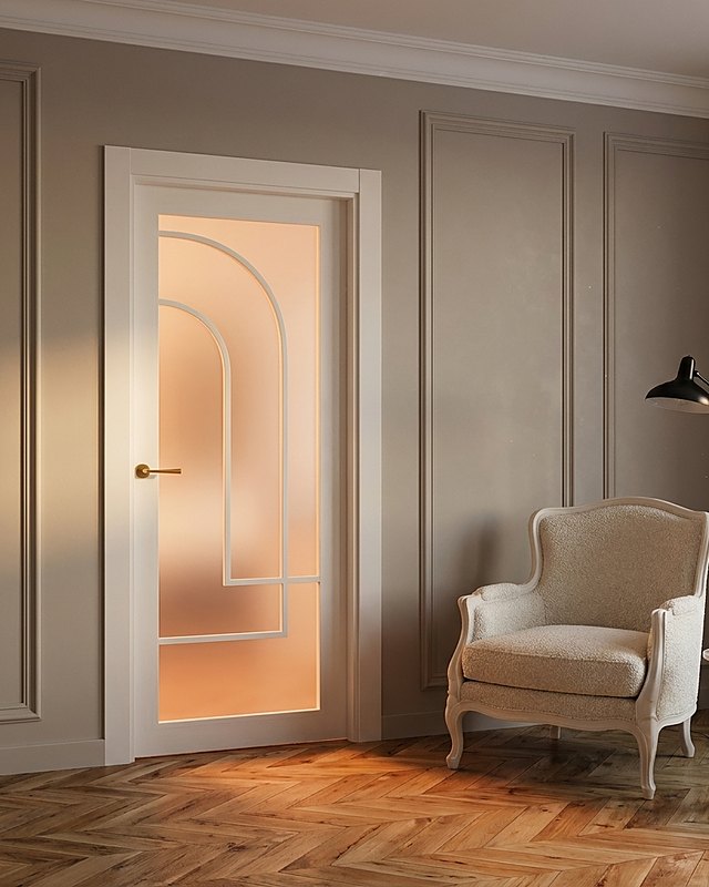 Puerta vidriera lacada blanca con cristal mate y junquillos en arco estilo art déco, manilla dorada, salón con parqué espiga. Imagen ilustrativa.