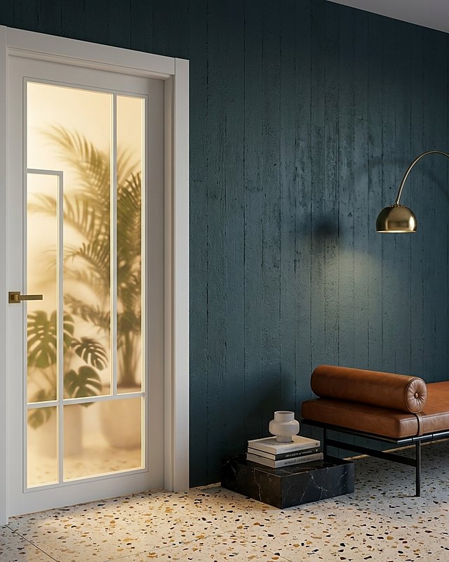 Puerta vidriera lacada blanca de montantes con cristal mate translúcido, manilla dorada, pared verde oscuro y suelo terrazo. Imagen ilustrativa.