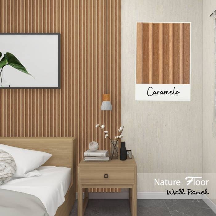Revestimiento de pared con paneles decorativos en madera color caramelo en dormitorio moderno